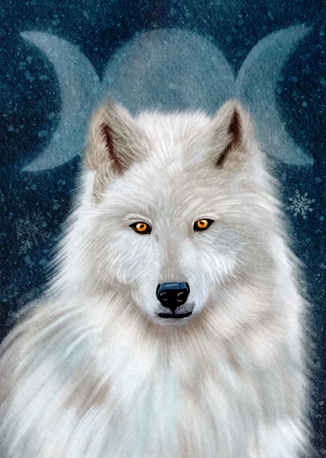 A white wolf with golden eyes beneath three moon shapes on dark blue