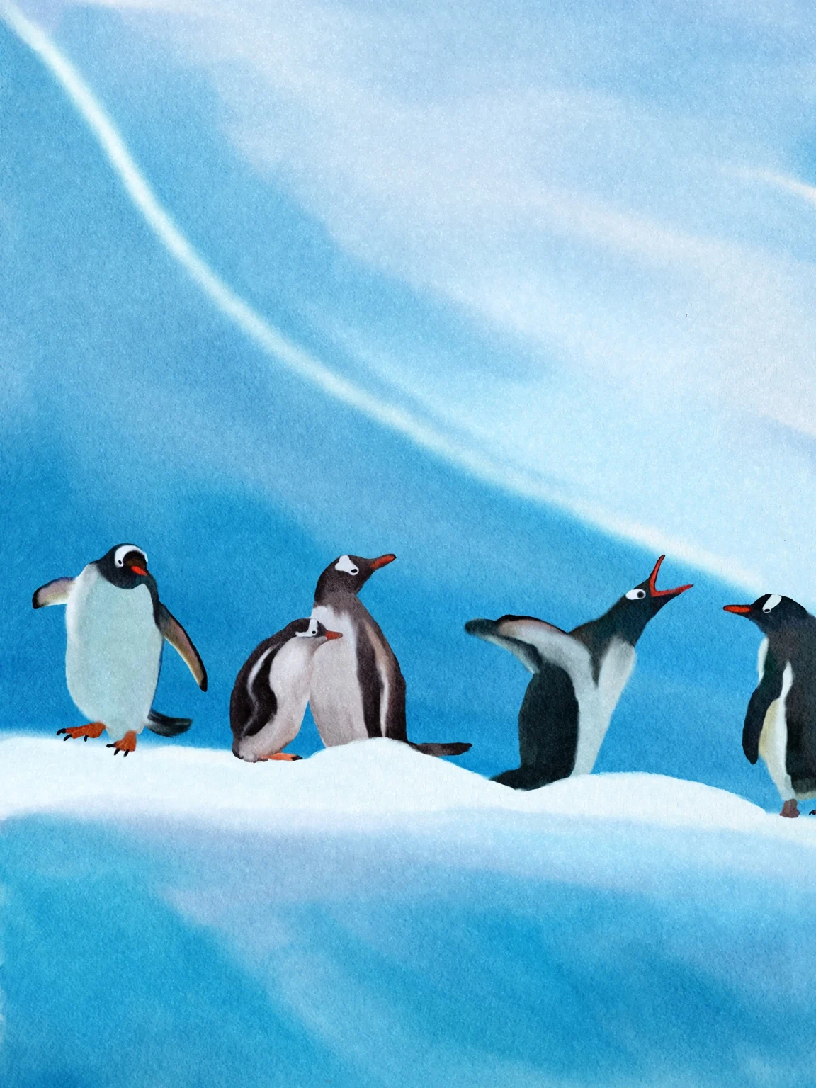Four penguins against a sweep of blue snow and sky